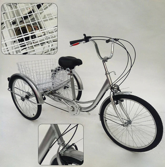 Vélo 24" 3 roues avec panier, vitesse 6 vitesses pour adulte - Réglable en hauteur - Boîtier en acier au carbone - Pour sports de plein air