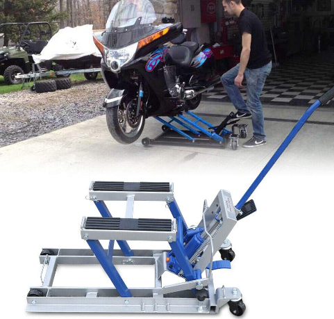 Support de levage hydraulique pour moto - 680 kg - Avec pédale de levage hydraulique - Pour l'atelier - Bleu