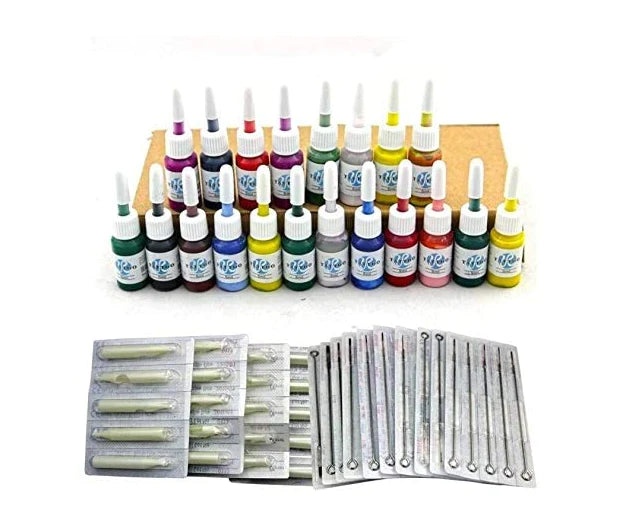 Kit de Tatouage Complète，50 aiguilles Alimentation Aiguille Peau de pratique de Tatouage Tattoo Kit Set 2 Machine à Tatouer 20 Encres de Tattoo (JM11)