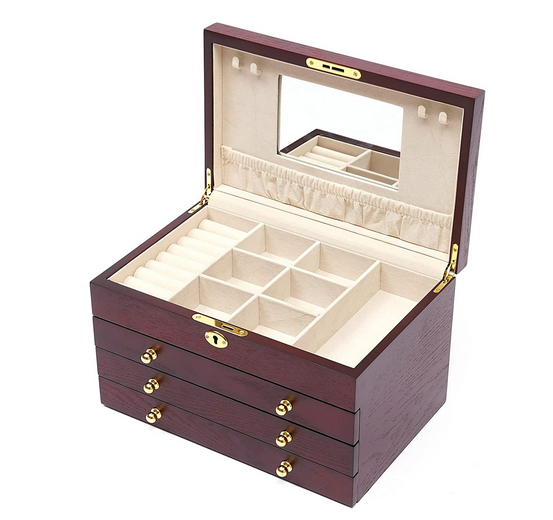 Grande boîte de rangement en bois à 4 étages avec miroir et serrure pour bijoux, bagues, colliers, montres