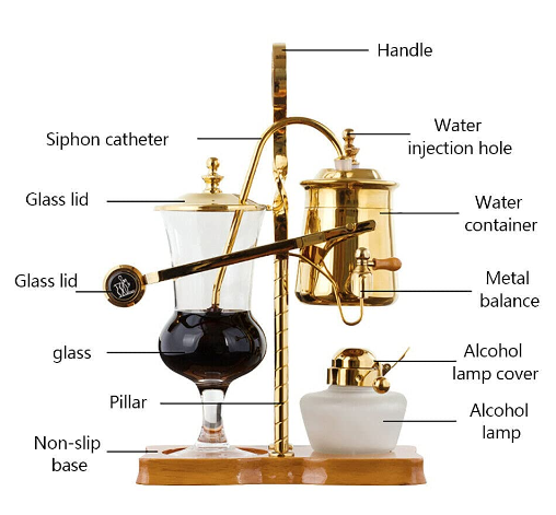 Cafetière Syphon en acier inoxydable - Cafetière à piston - Siphon Technia Royal - Machine à café belge - Cafetière sous vide - Verre de table - Siphon - Machine à café (doré)