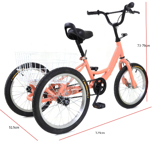 Vélo Tricycle Vélo à 3 Roues à Vitesse Unique de 16 Pouces, Tricycle Enfant avec Panier 7-10 ans, pour Voyager, Rouler et Faire du Shopping (Orange Clair)