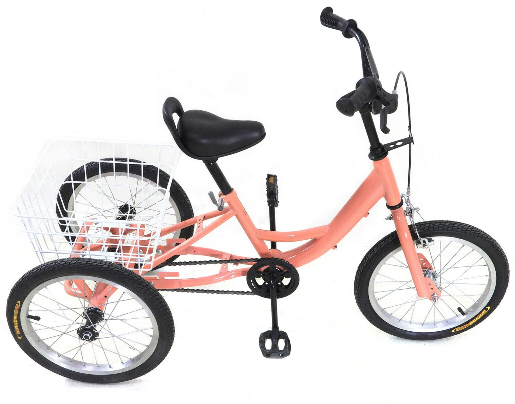 Vélo Tricycle Vélo à 3 Roues à Vitesse Unique de 16 Pouces, Tricycle Enfant avec Panier 7-10 ans, pour Voyager, Rouler et Faire du Shopping (Orange Clair)