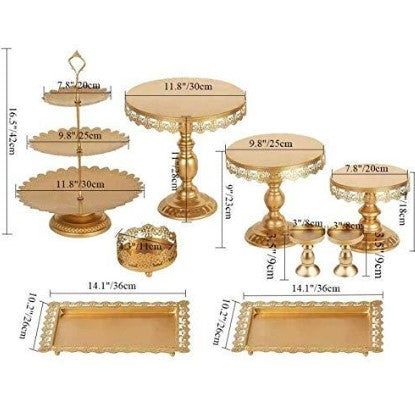 Dimensions : Hauteur du support à gâteau triple couche : 42 cm. Moule à gâteau rectangulaire en dentelle : 36 x 26 cm. Petit présentoir à gâteau rond : 20 x 18 cm. Présentoir à gâteau rond moyen : 25 x 23 cm. Grand présentoir à gâteau rond : 30 x 28 cm.