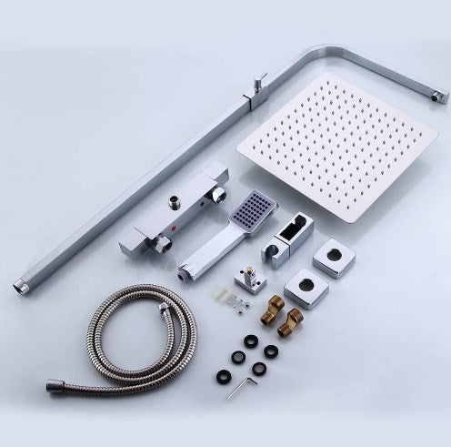 Kit de douche avec système de douche à effet pluie en acier inoxydable - Avec pommeau de douche thermostatique - Pommeau de douche - 30 cm