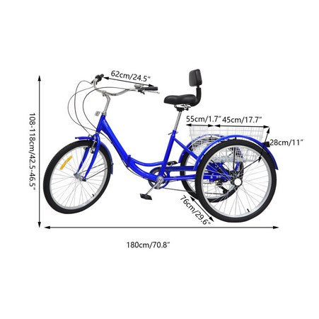 Tricycle pliable pour adultes 24 pouces tricycle pour adultes 3 roues 7 vitesses avec panier à provisions tricycle vélos de ville（bleu）