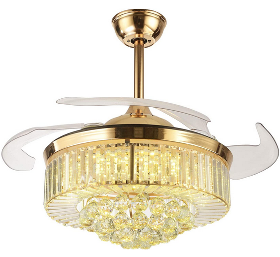 Ventilateur de plafond en cristal moderne avec pales rétractables légères Ventilateur de lustre avec télécommande chromée inversée Fandelier Luminaire