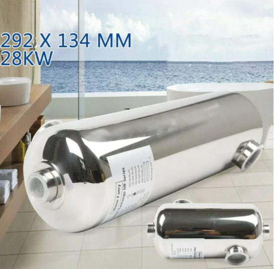 Échangeur de chaleur 28 kW en acier inoxydable pour piscine, sauna, etc. 29,2 x 13,4 cm
