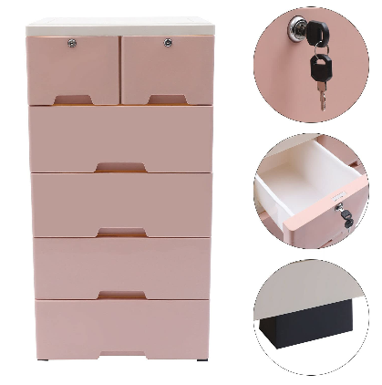 Commode de chevet en plastique avec 6 tiroirs - Avec 4 roues Home (39,7 x 33,8 x 13,8 x 40 cm) - Rose