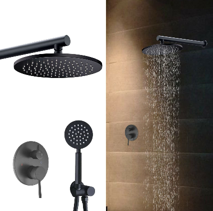 Système de douche encastré noir mat avec douchette de tête et douchette à main 10"