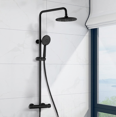 Système de douche noir avec thermostat - douchette 3 fonctions et barre de douche - réglable en hauteur