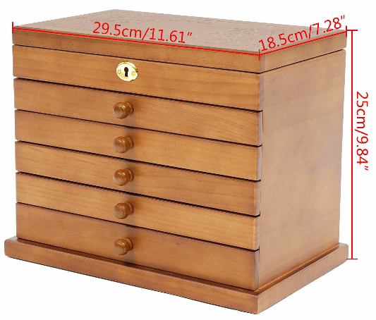 Grande boîte à bijoux en bois à 6 étages avec 5 tiroirs, 2 armoires rabattables et miroir - 29,5 x 18,5 x 25 cm - Marron