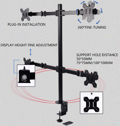 Support de bureau pour écran LED et LCD - Inclinable à 180° - Réglable en hauteur à 360° - 9 kg pour chaque écran