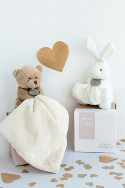 Un doudou ours brun et un doudou lapin blanc posés sur leur boîte
