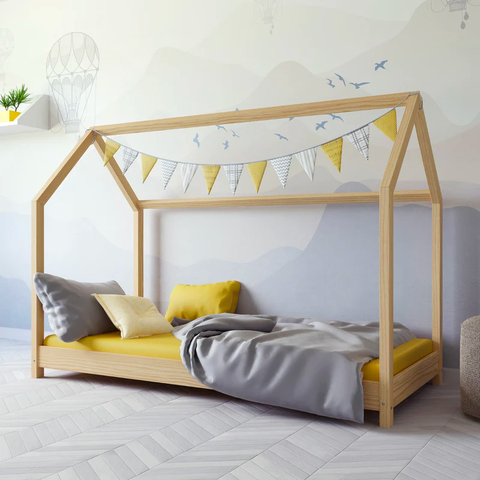 bed with a wooden canopy low to the ground, Montessori style