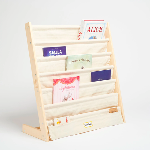 wooden and canvas bookshelf with books