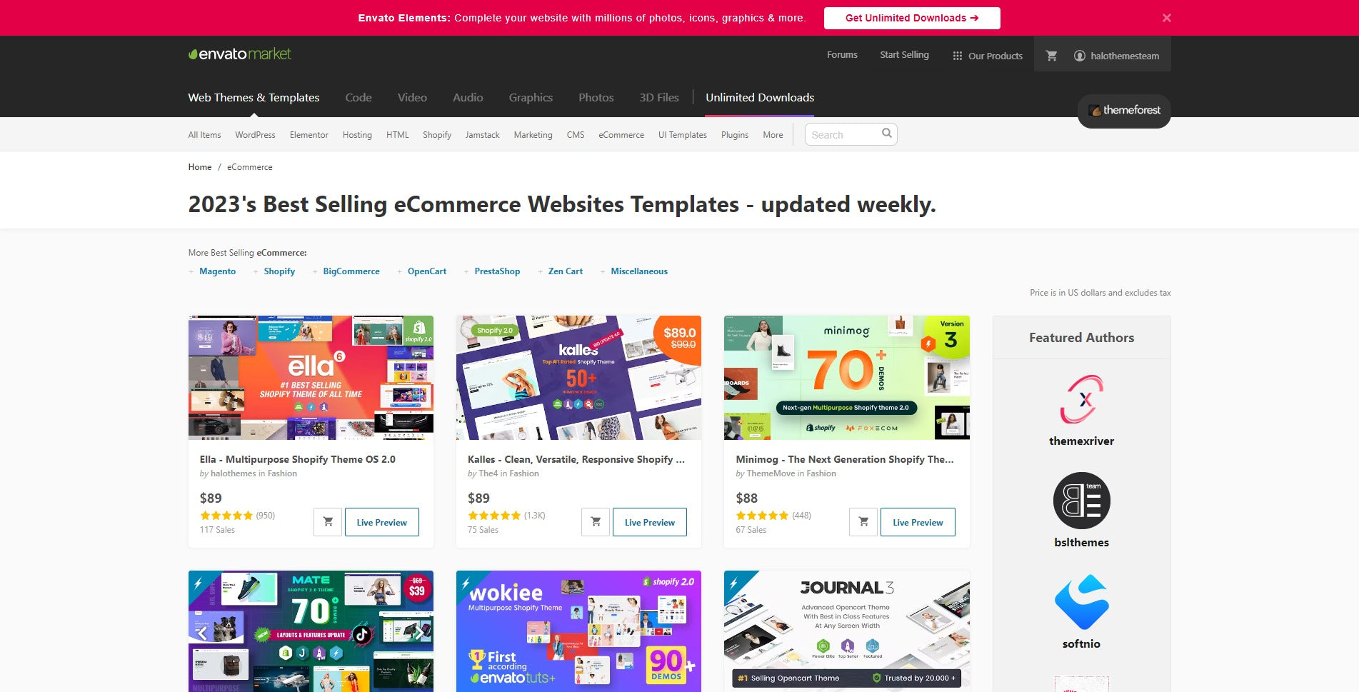 2023's Best Selling eCommerce Websites Templates