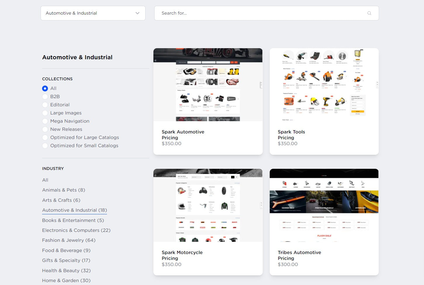 Examples of the BigCommerce Themes Marketplace filters.