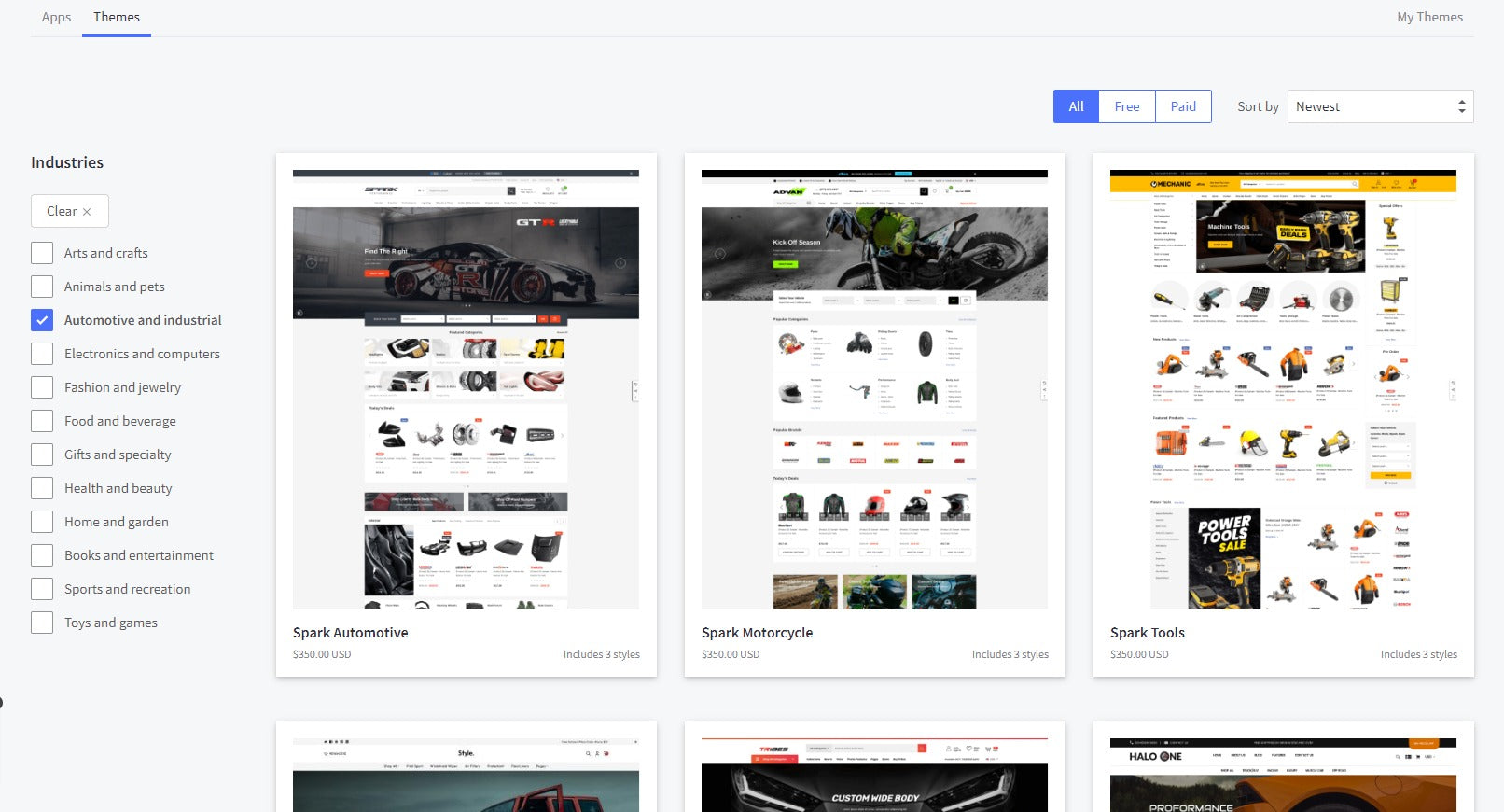 Examples of the BigCommerce Themes Marketplace filters.