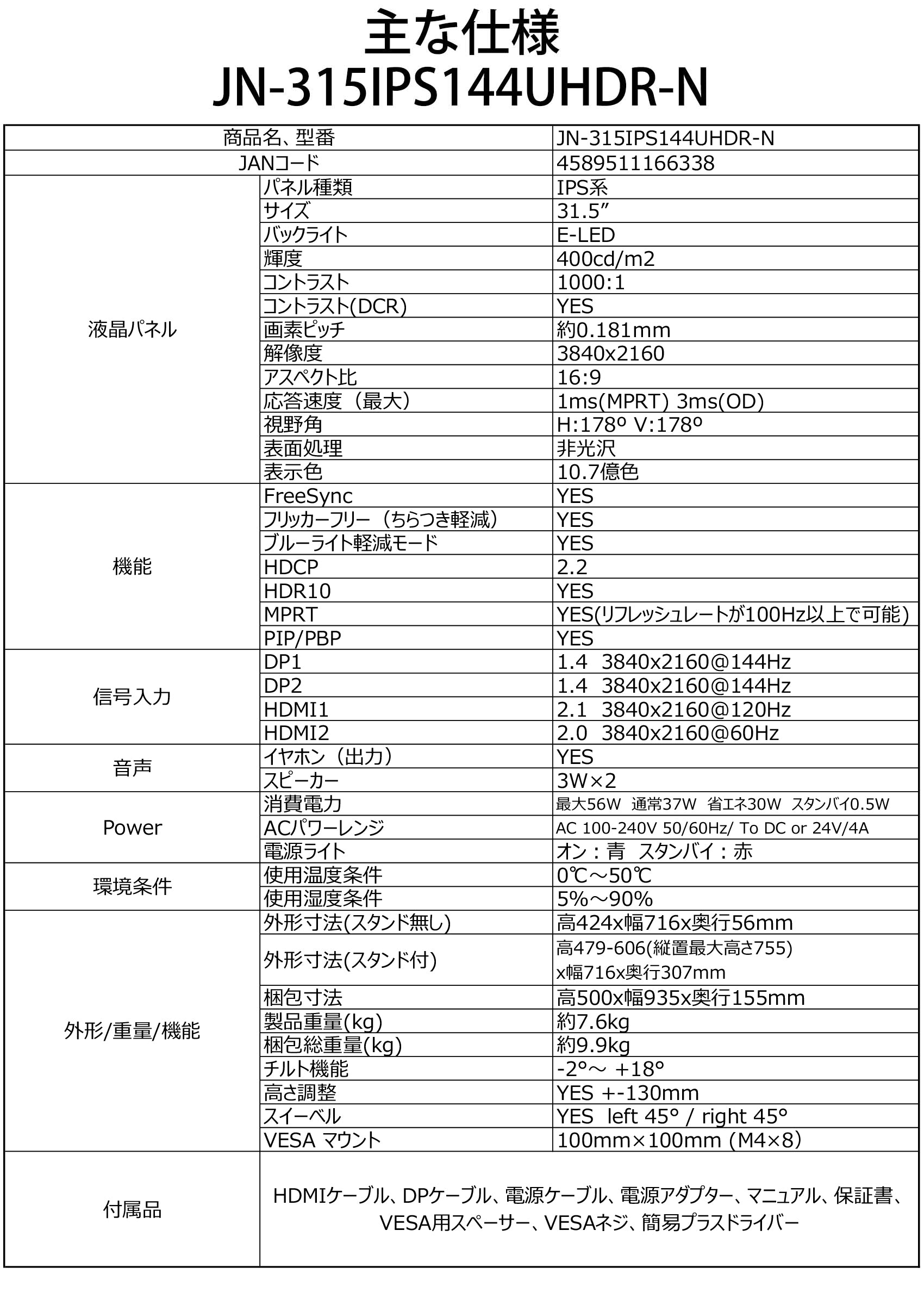 JAPANNEXT HDMI 2.1対応 31.5型 144Hz対応４Kゲーミングモニター JN-315IPS144UHDR-N 昇降スタンド  ピボット PIP PBP対応 通販