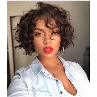 Natural Curly bob wig with thin bangs 