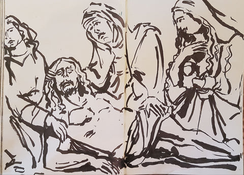 inkpen figuarative sketch lamentation over the dead Christ