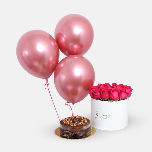 Fuchsia Rose Box, Cake and Balloons