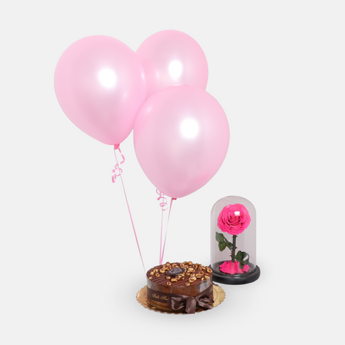 Pink Forever Rose, Cake and Balloons
