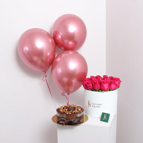 Fuchsia Rose Box, Cake and Balloons