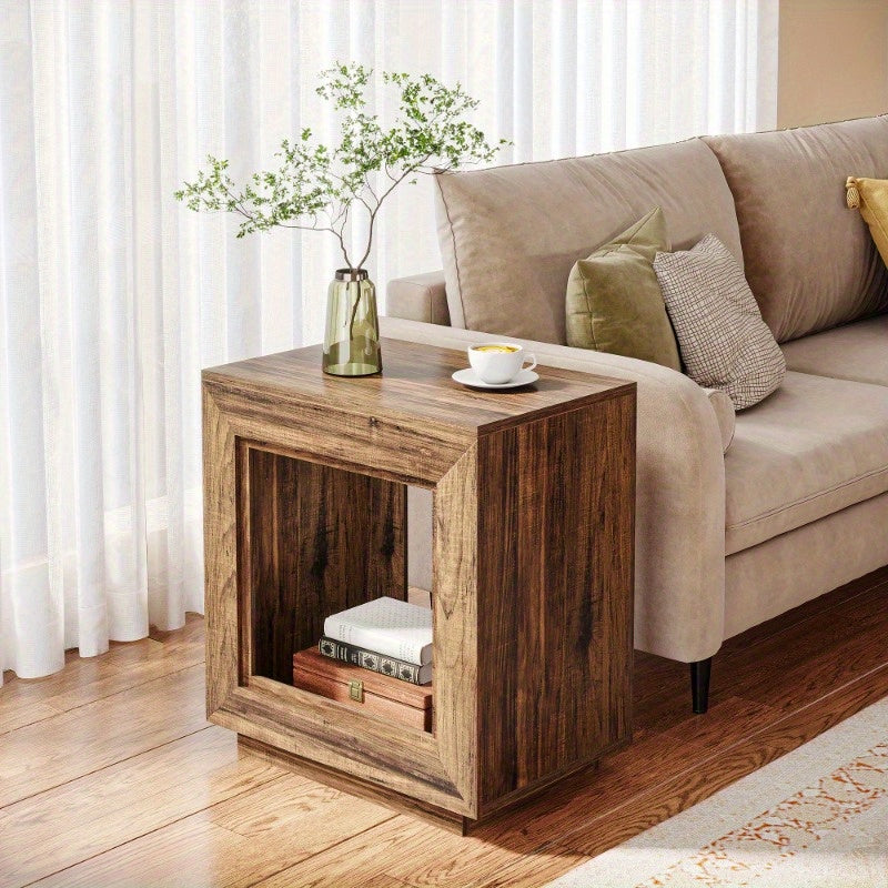64cm Solid Wood Side Table, Square Side Table, Bedside Table with Storage Function