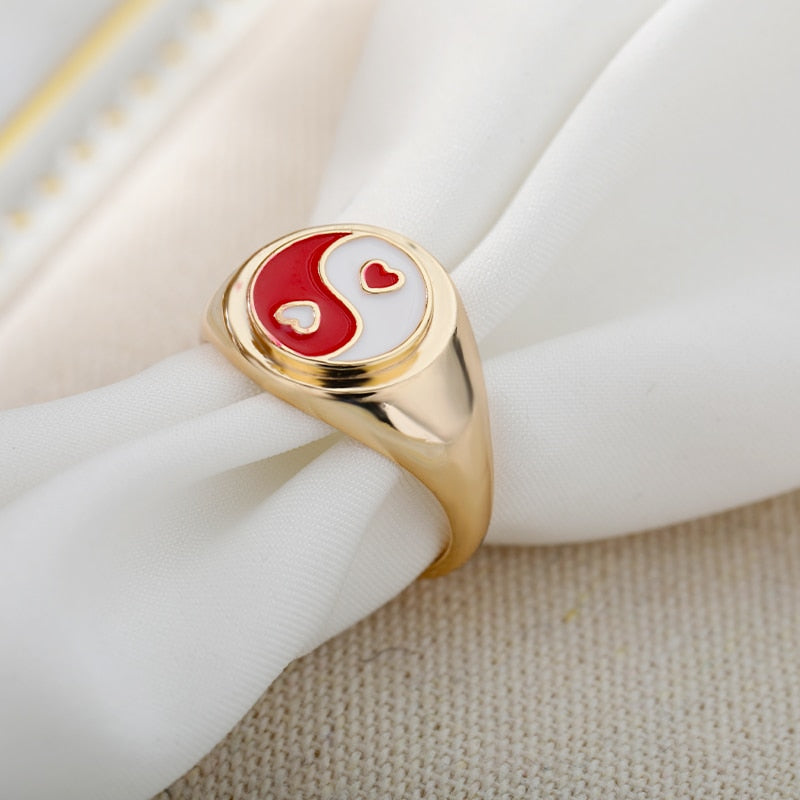 Yingyang Ring | Gold Red Love Heart Signet Ring