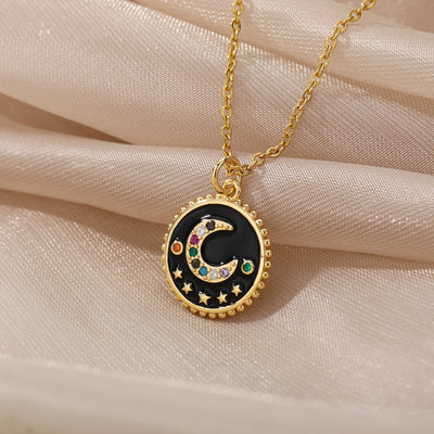 SOUVOIR 14K Gold Plated, Zirconia Necklaces Bohemian Pendant Necklace | Gold Black Half Moon Chain