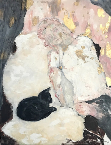 "However the Light Comes" impressionistic painting of young girl and black cat.