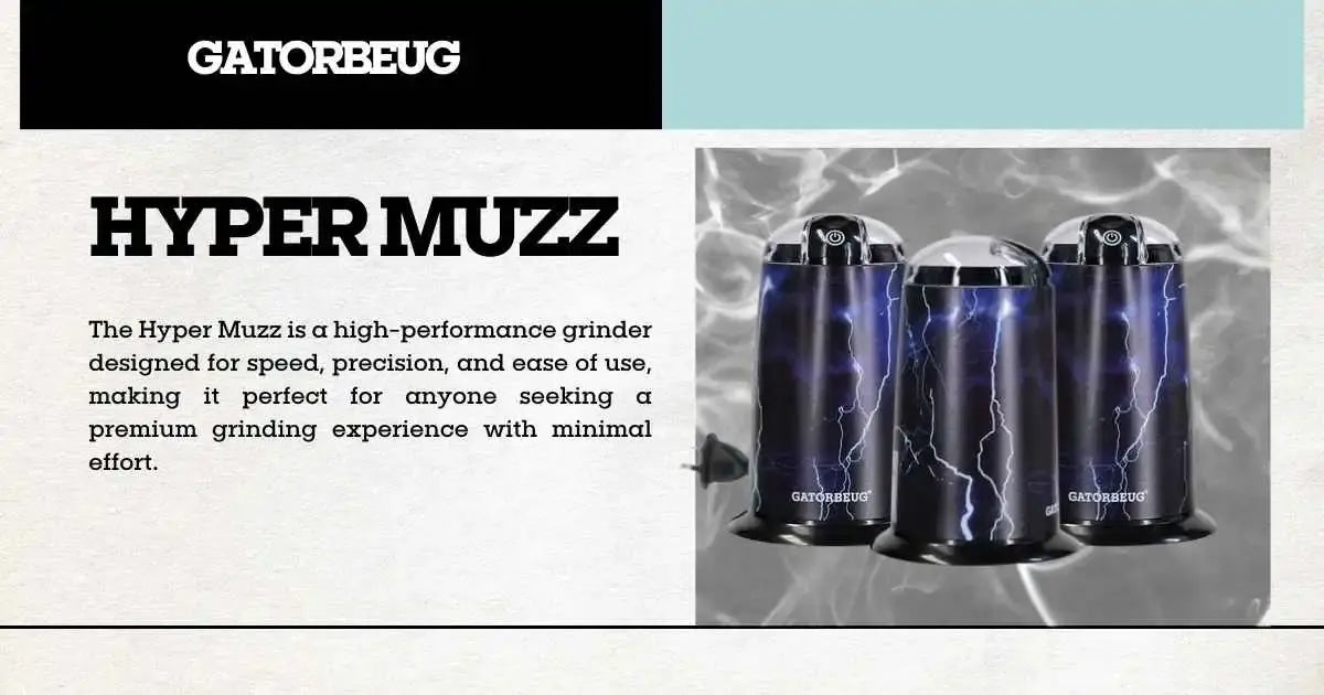 High-performance Hyper Muzz grinder by Gatorbeug, featuring a sleek lightning design.