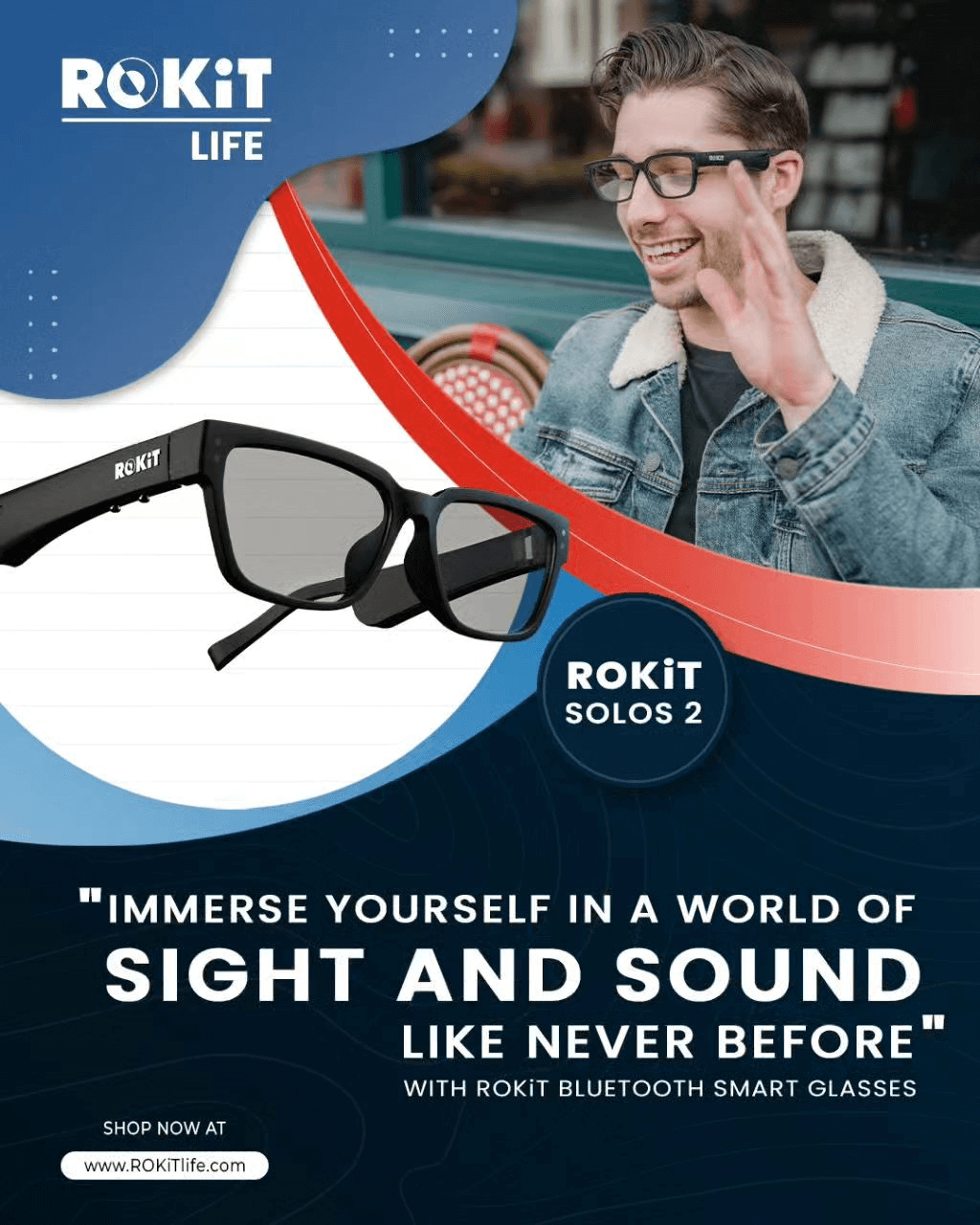 wear ROKiT blue light solos 2 smart audio glasses outdoors