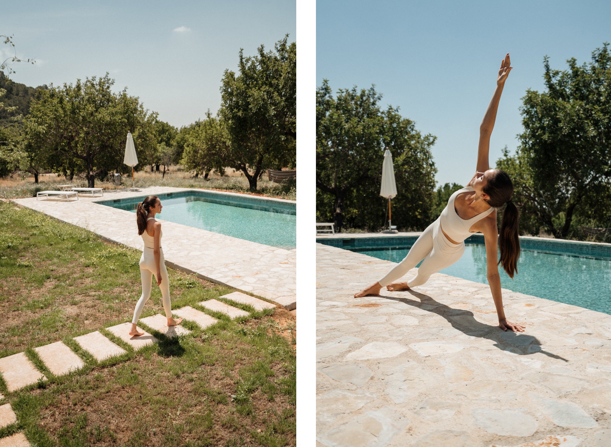 yoga posion by the pool