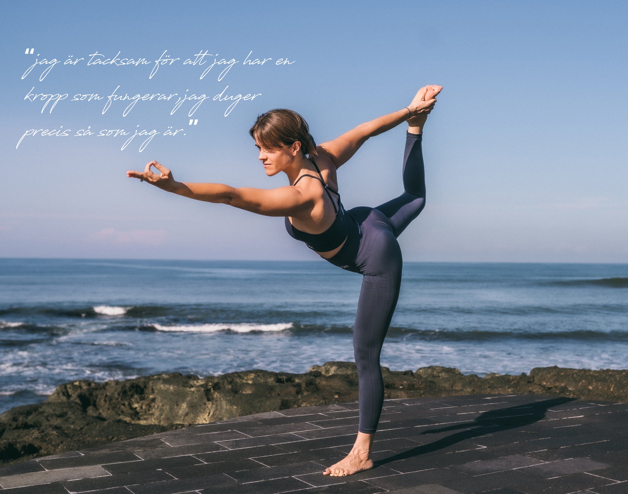 Girl doing yoga in Cora and Trinity dark blue