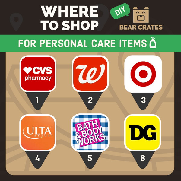 Image of Store Logos for Best Places to Shop for Personal Care Items, including CVS, Walgreens, Target, Ulta, Bath & Body Works, Dollar General