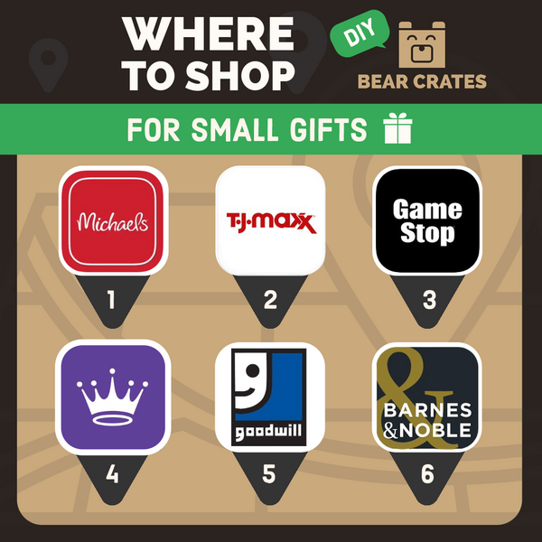 Image of Store Logos for Best Places to Shop for Care Package Gifts, including Michaels, TJ Maxx, Game Stop, Hallmark, Goodwill and Barnes & Noble