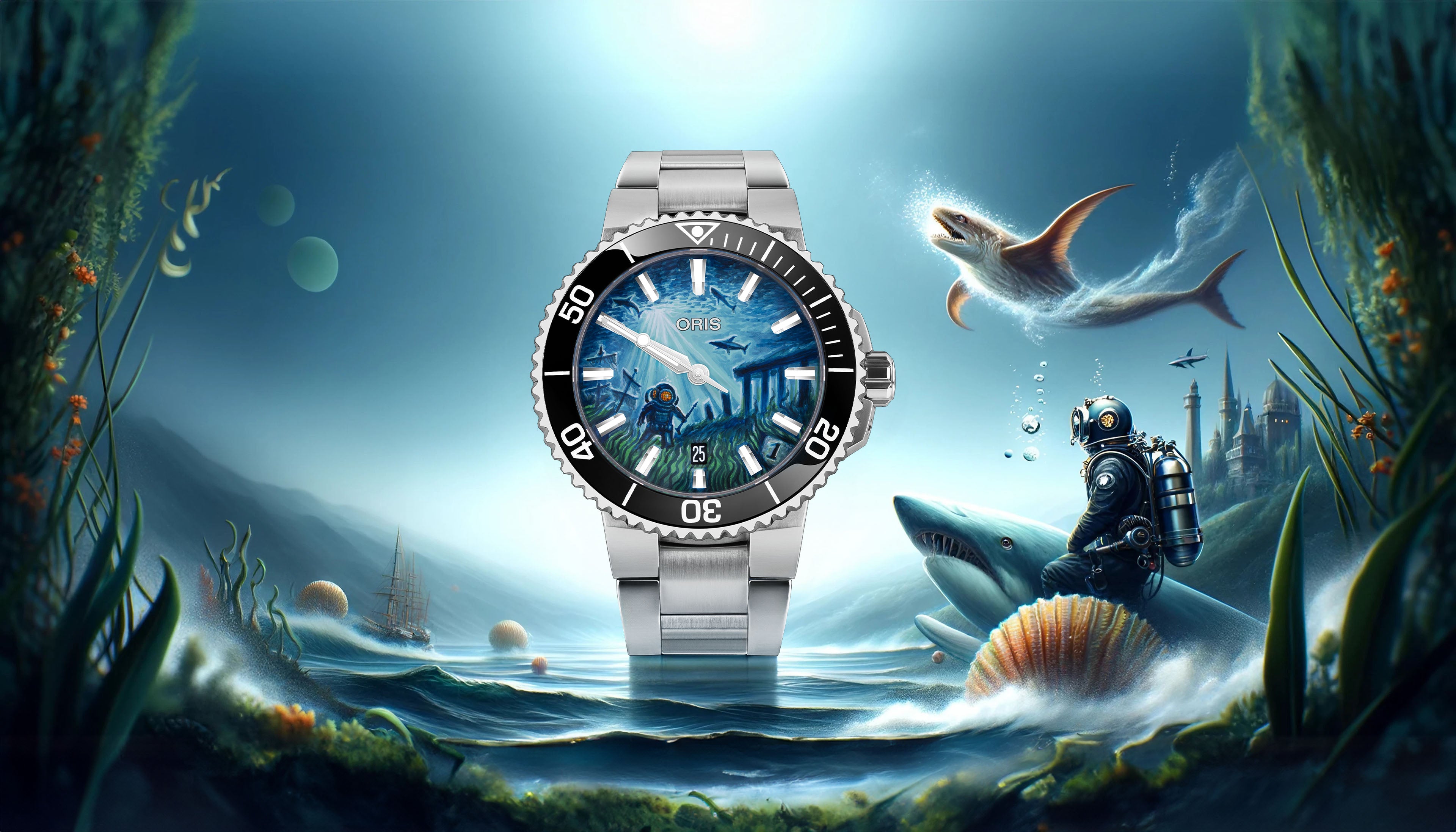 Hand-painted Oris Aquis Atlantis watch dial with ocean depths theme for luxury diving enthusiasts