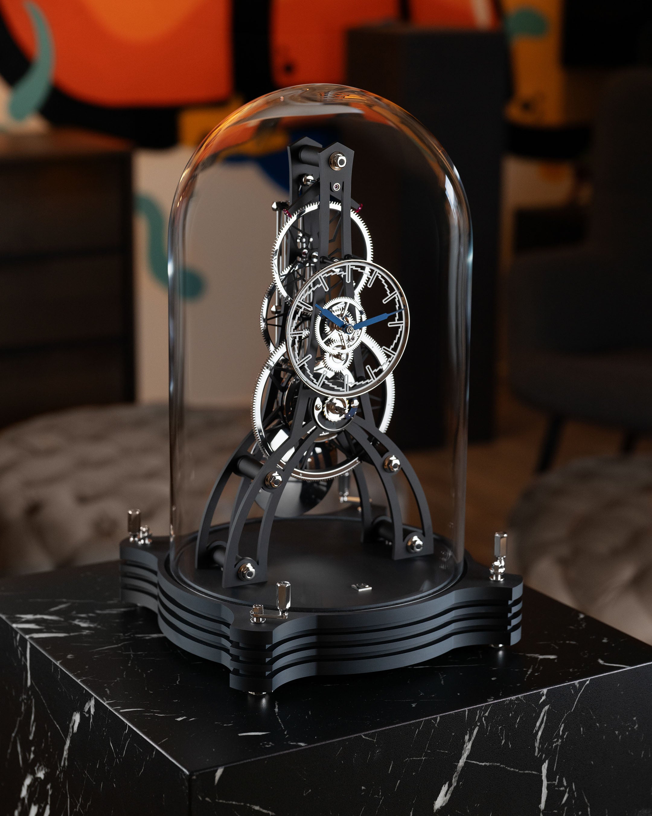 NT 8 GT skeleton desk clock with intricate movement and aluminum automotive-inspired wheels.