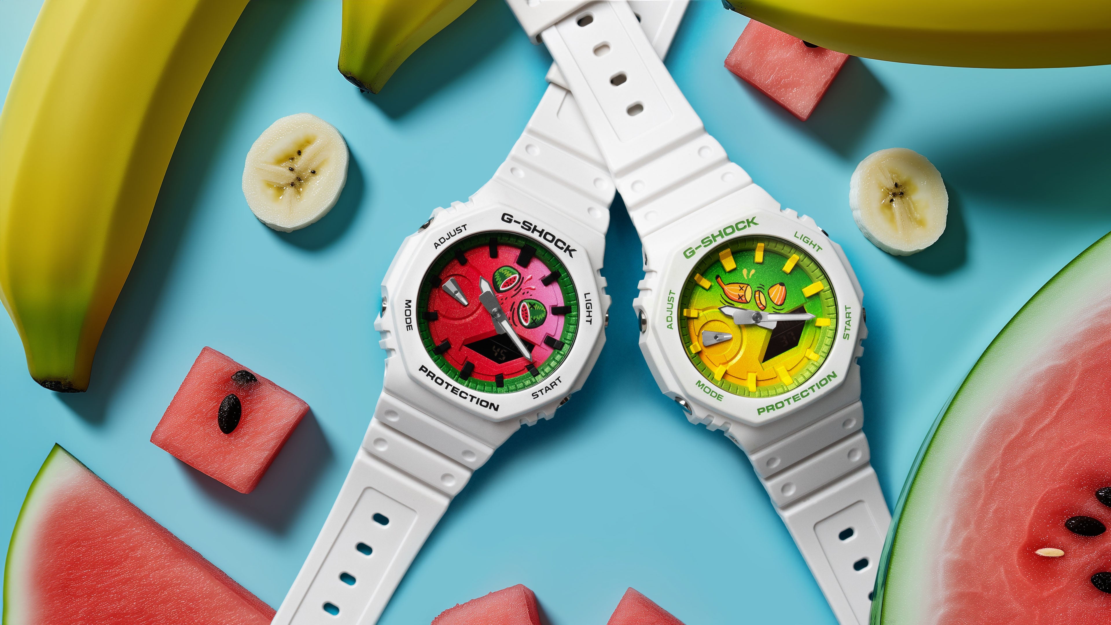 Dynamic duo of G-Shock CasiOak limited editions, featuring the Banana Split and Post Melone watches with hand-painted, fruit-inspired dials for a tasteful timekeeping experience