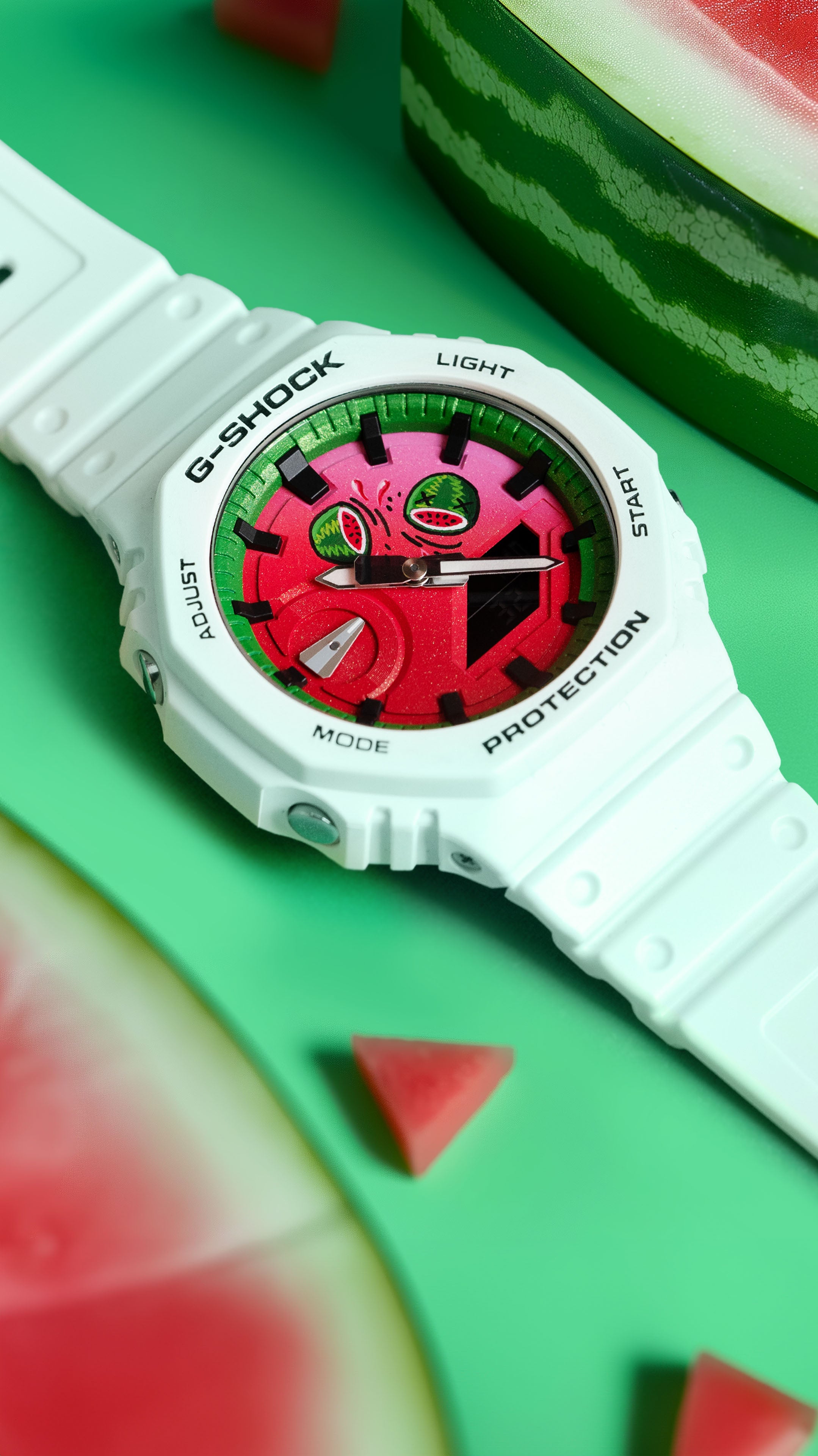 Refreshing G-Shock CasiOak Post Melone timepiece featuring a summer-inspired, hand-painted watermelon design