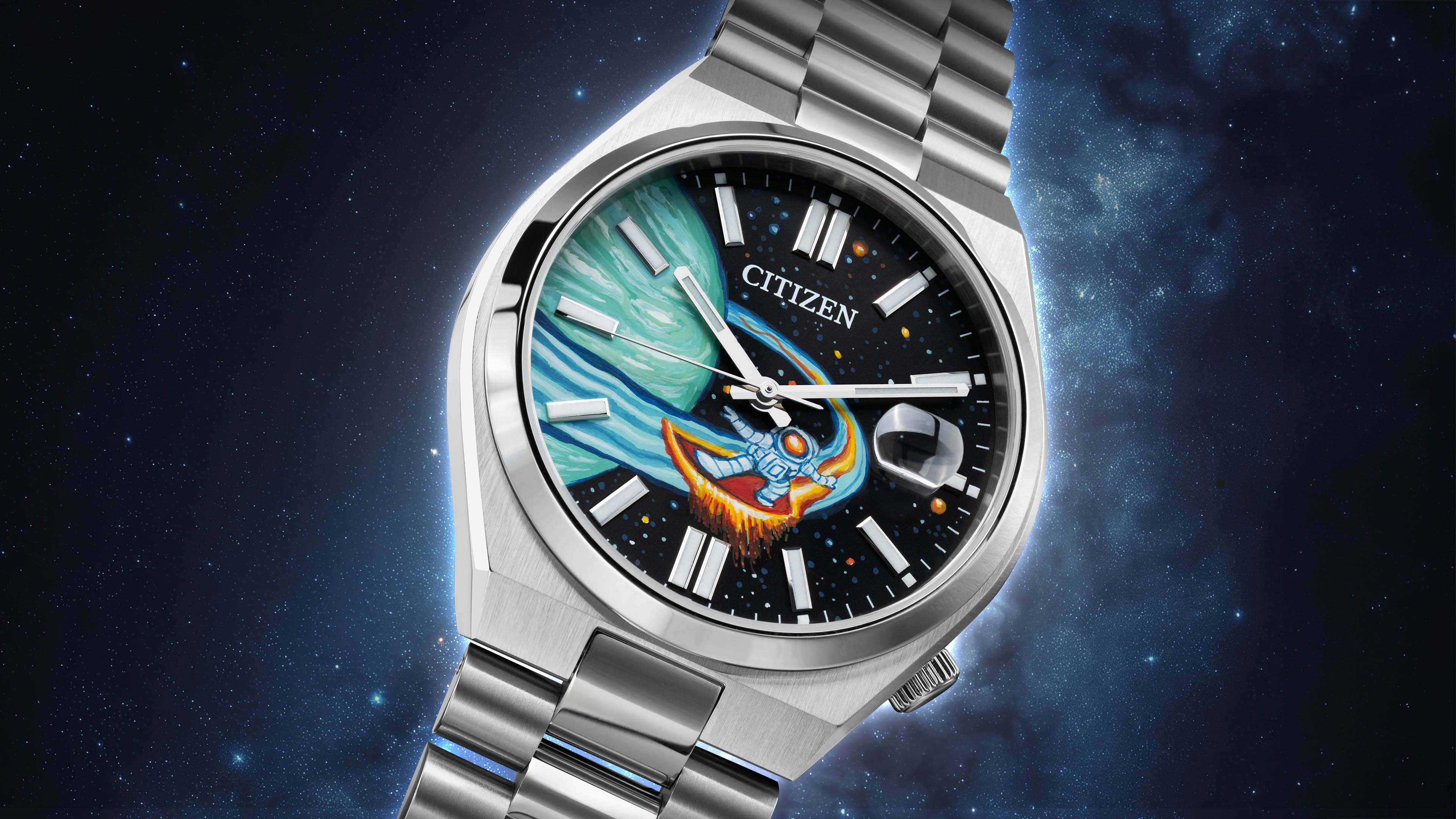 Limited edition Tsuyosa Automatic timepiece with hand-painted Space Surfer customization.