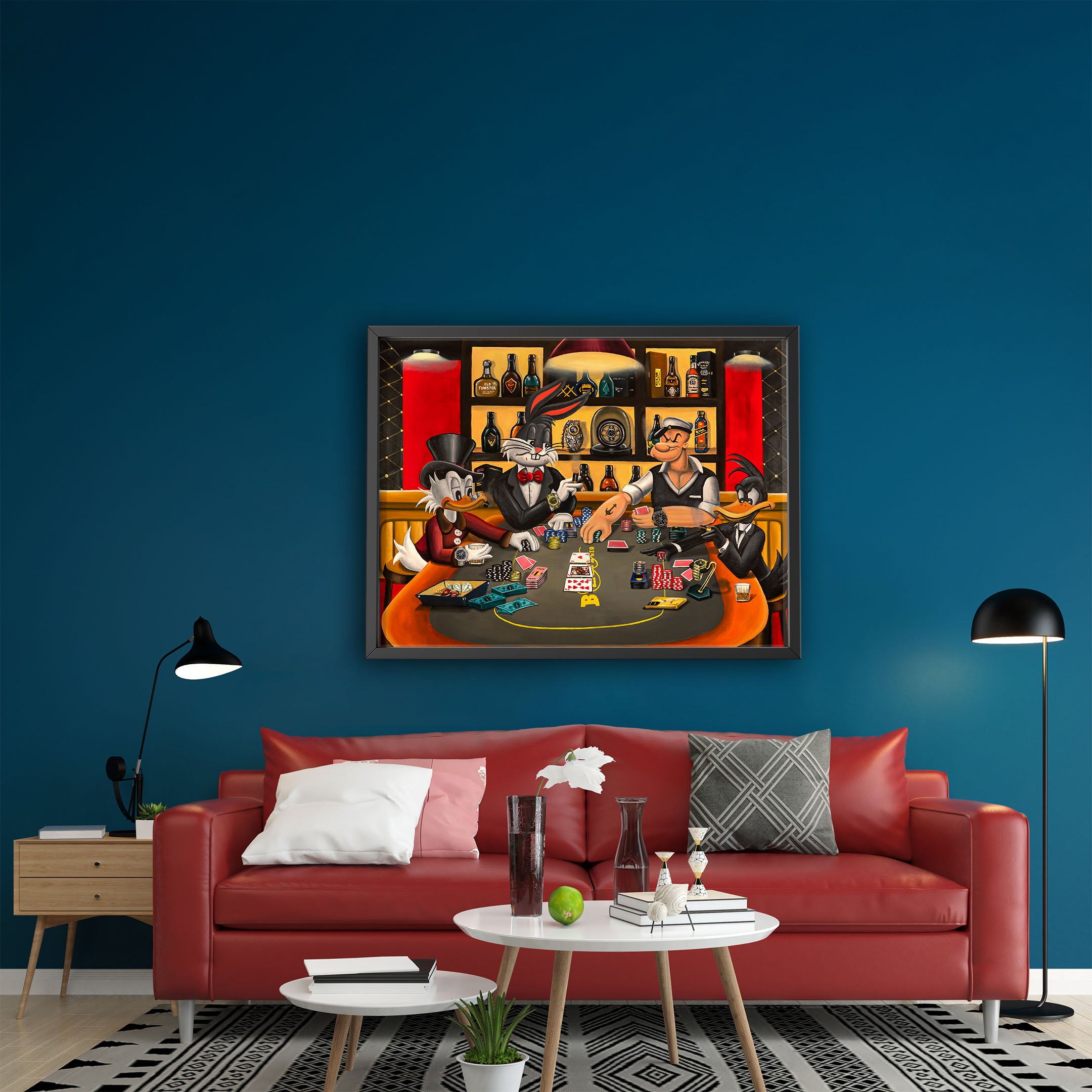 Late Night at the Bellagio' by IFL - Whimsical Take on Coolidge's 'Dogs Playing Poker' with Oil Painting Technique and Pop Culture Icons