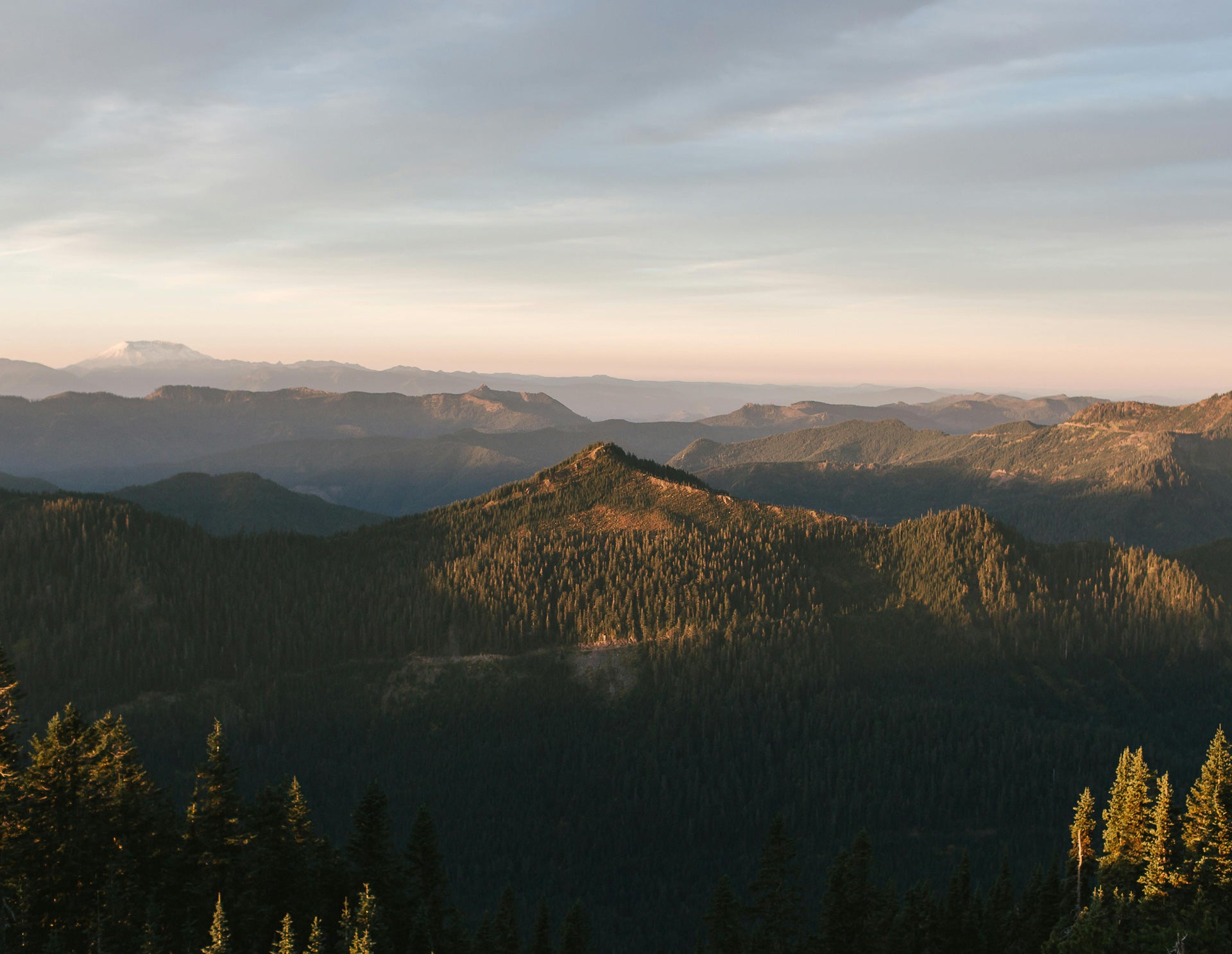 Sunset over a forested mountain range with soft light and distant peaks.