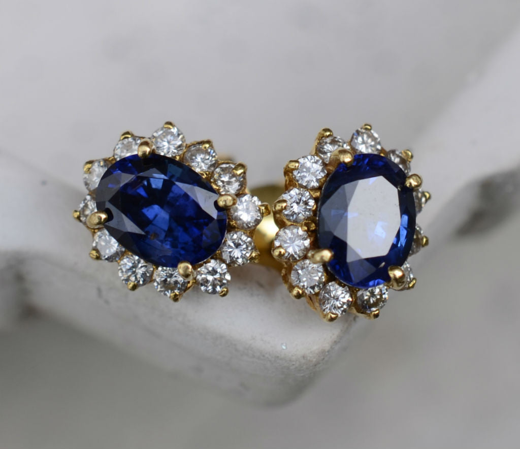18K Yellow Gold Ceylon Blue Sapphire and Diamond Halo Eternity Earring ...