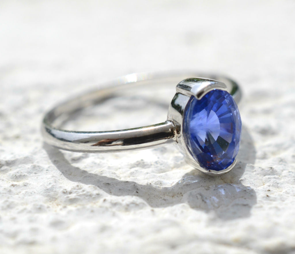 18K White Gold  Ceylon Oval Blue Sapphire Ring  Elizabeth 