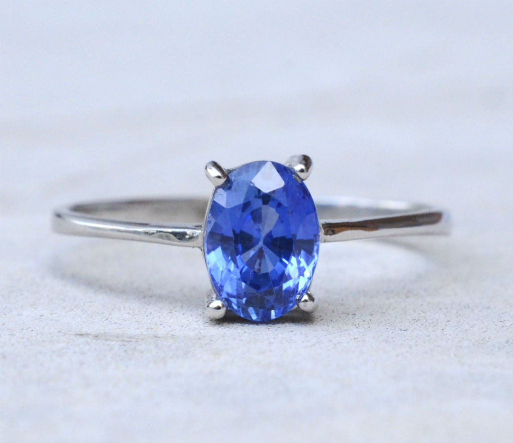 Ceylon Oval Blue Sapphire Box Stack 18K White Gold Ring  