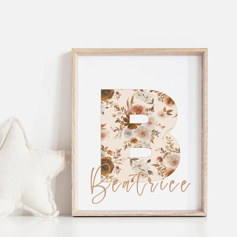 Framed wall art printable with a babies name starting with b, Beatrice set against the Snuggly Jacks exclusive pattern Willow